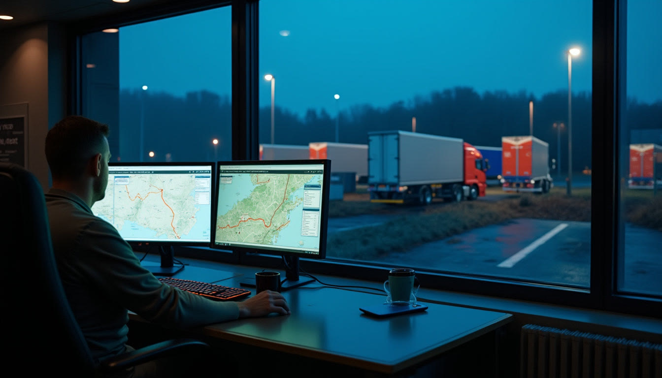 A transport office before dawn, with route maps on screen and trailers in the yard outside