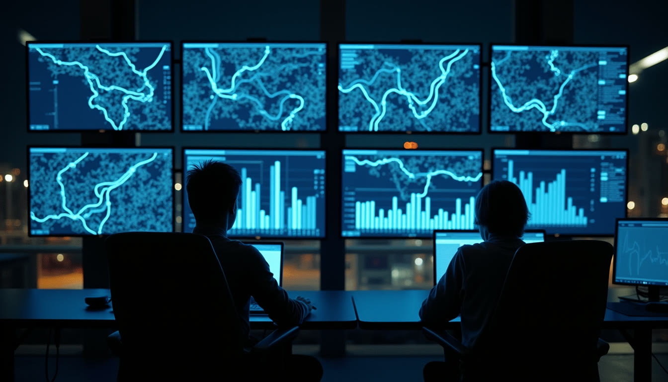 A transport control room with screens of routes and jobs
