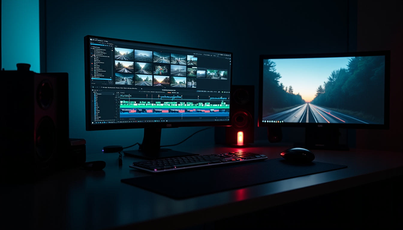 A video editing desk at night, with a timeline on one screen and a road at dusk on the other