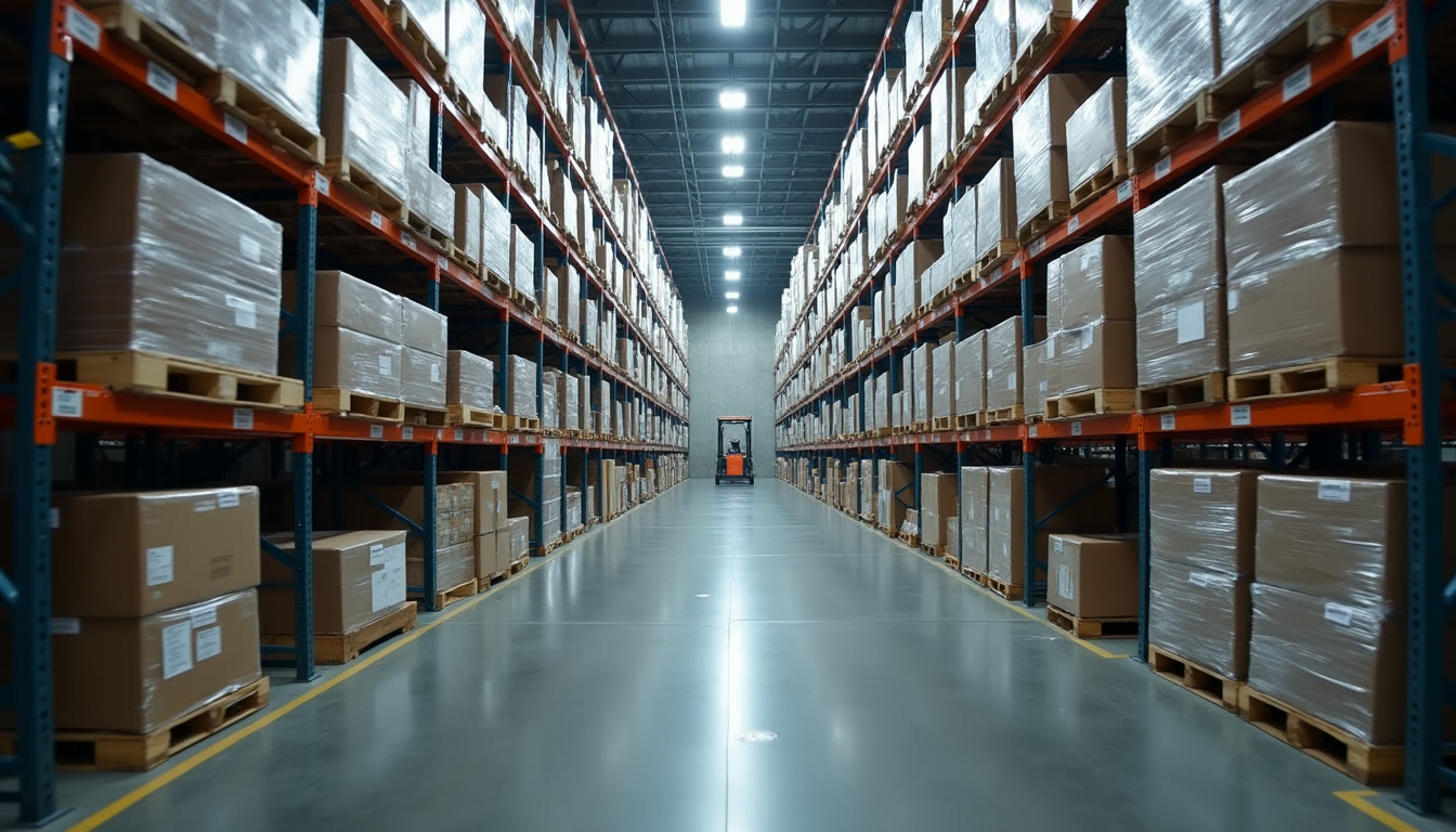A long warehouse aisle with racking full of pallets