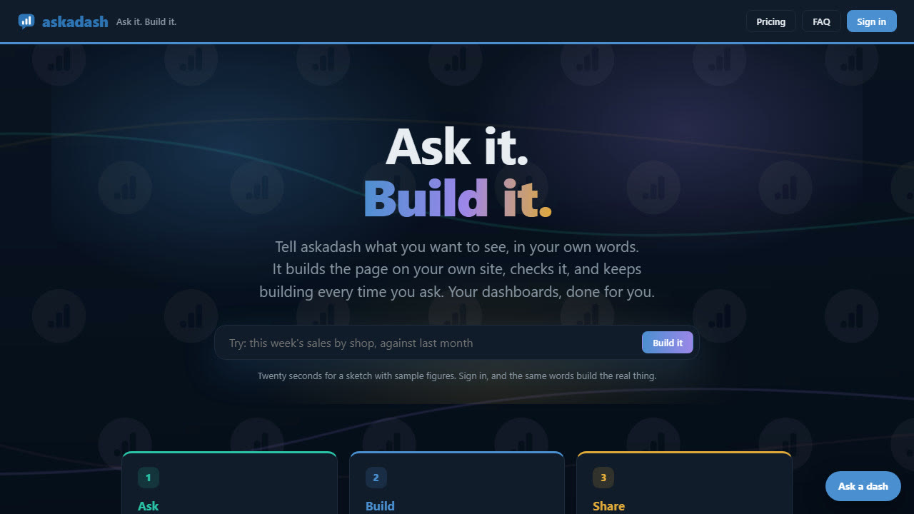 The askadash home page: Ask it. Build it.
