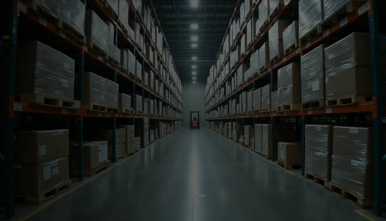 A long warehouse aisle with racking full of pallets