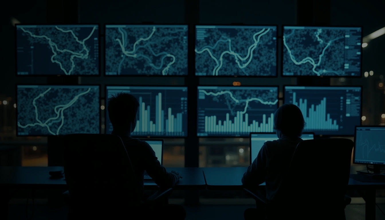 A transport control room with screens of routes and jobs