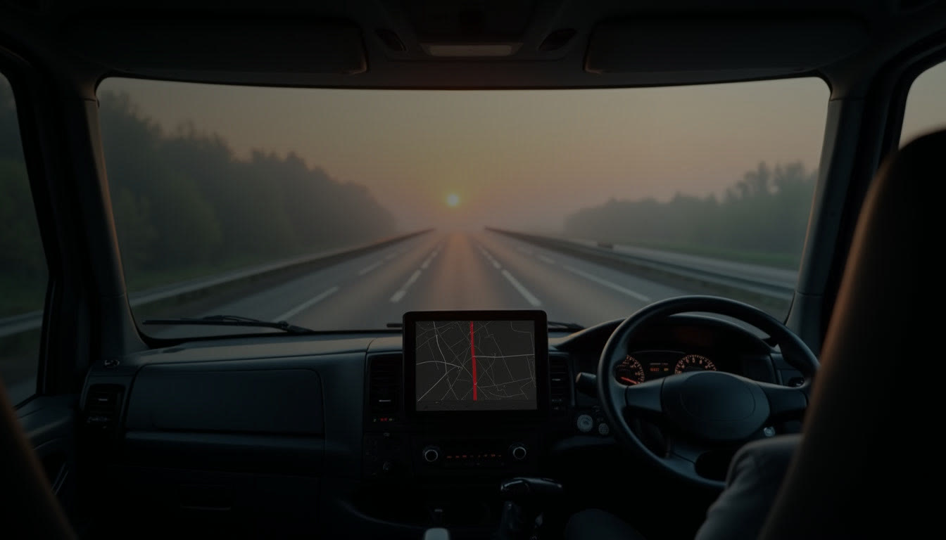 The view from a lorry cab on an open road
