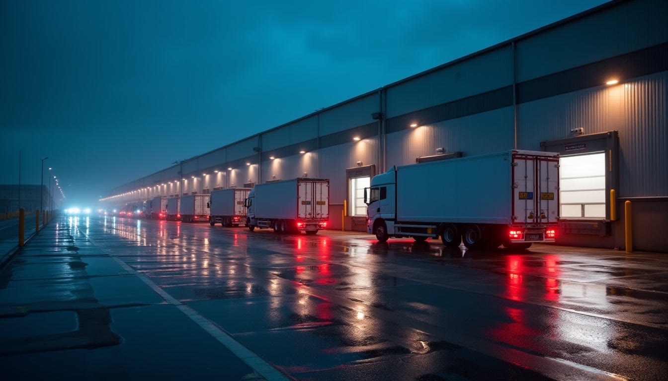 Lorries reversed onto lit loading doors at a depot at night