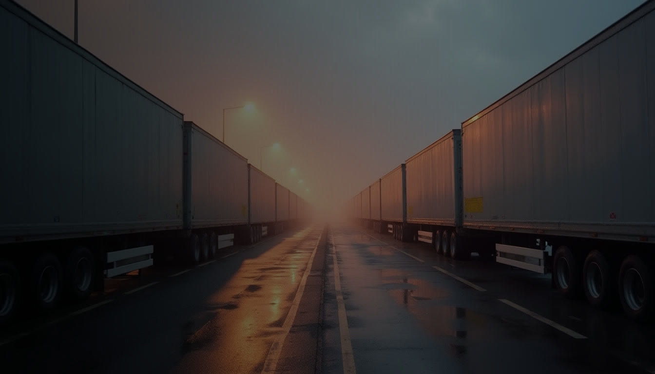 A haulage yard at dawn with trailers lined up