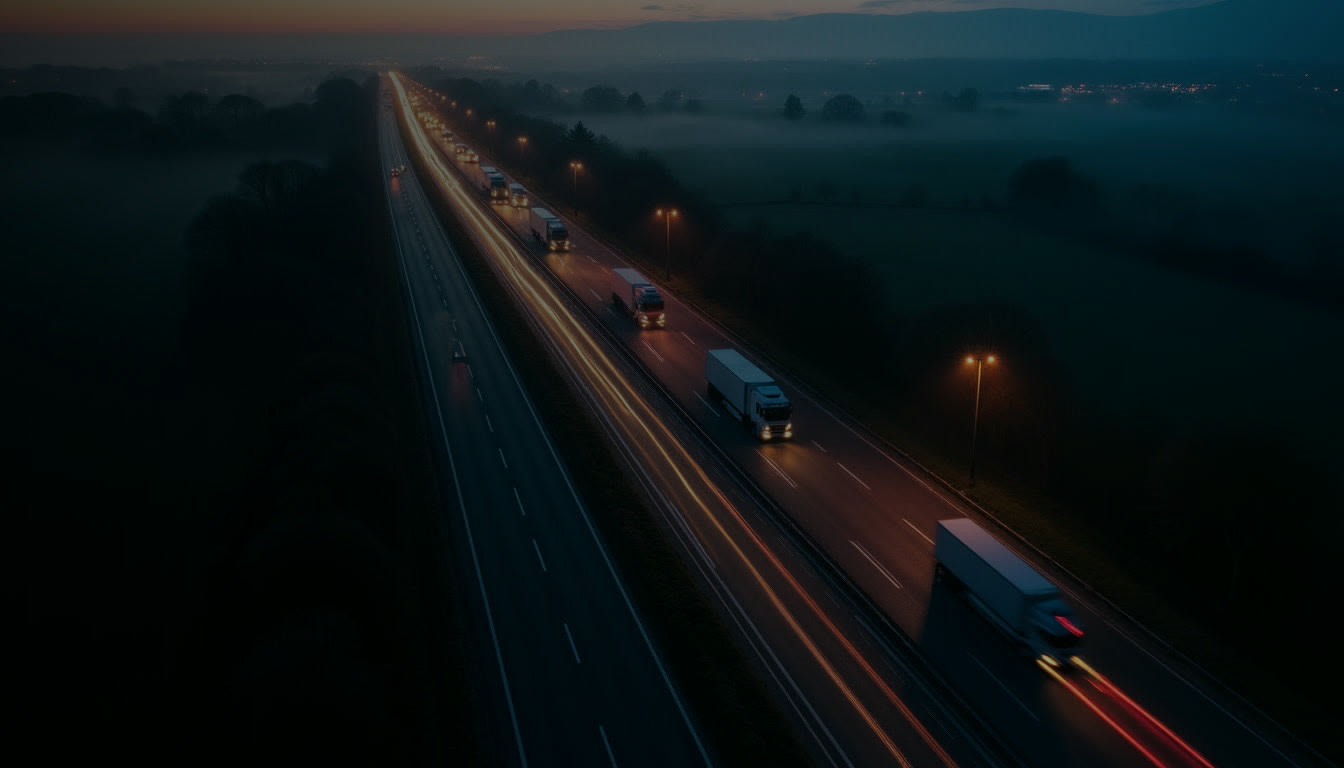 An articulated lorry on a motorway at night
