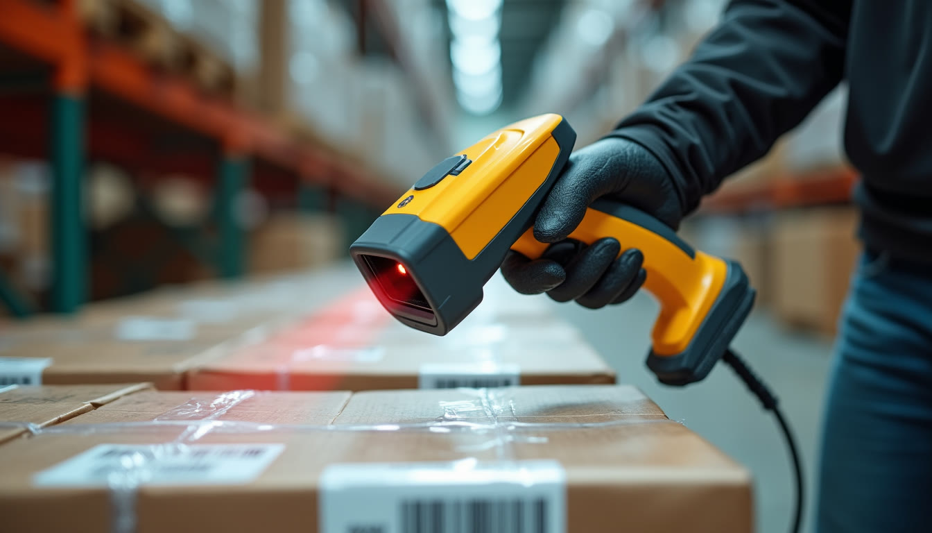 A warehouse handheld scanner reading a barcode on a carton