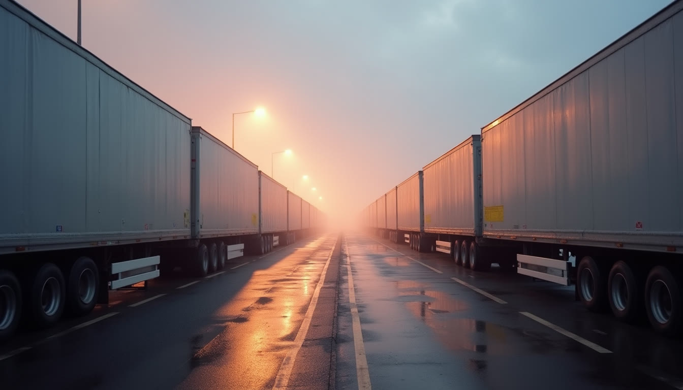 A haulage yard at dawn with trailers lined up