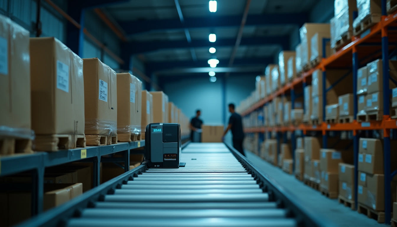 A fulfilment line at night, with a conveyor, cartons and a label printer