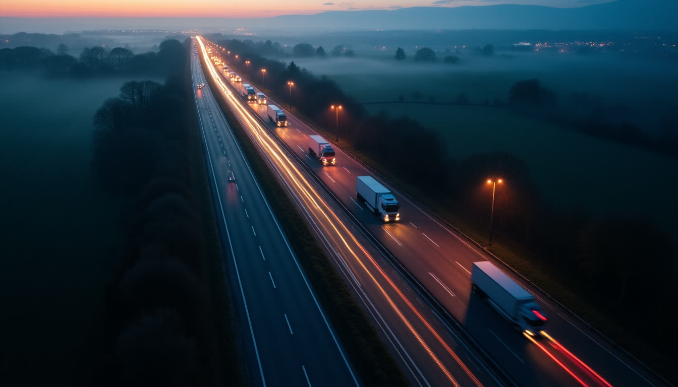 An articulated lorry on a motorway at night