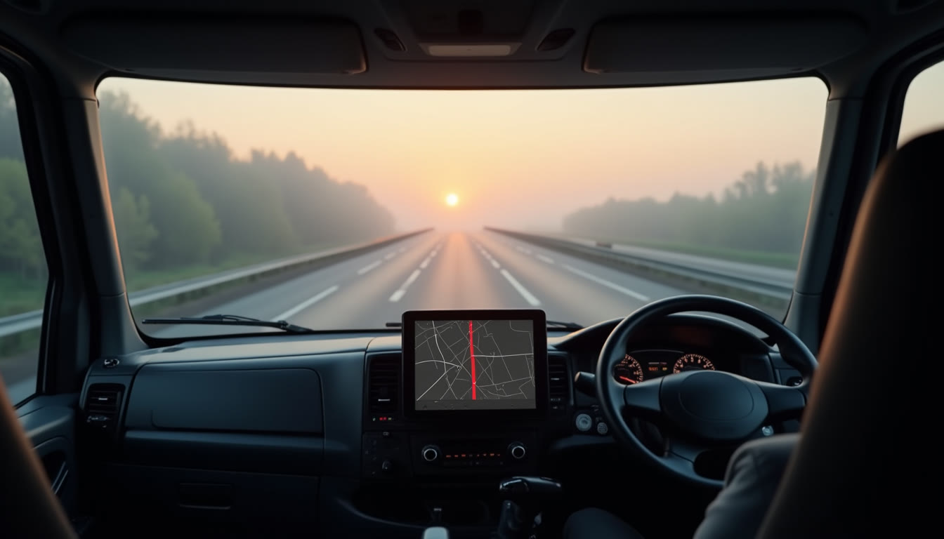 The view from a lorry cab on an open road