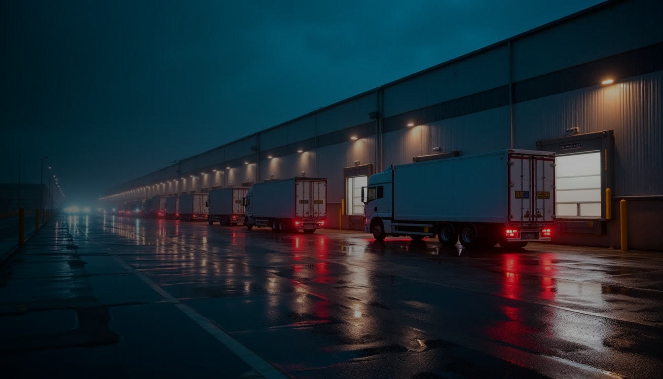 Lorries reversed onto lit loading doors at a depot at night